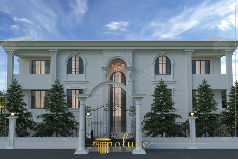 Kemerli pencereleri, dekoratif sütunları ve giriş takı bulunan lüks beyaz villa dış cephe poliüretan söve kaplaması.