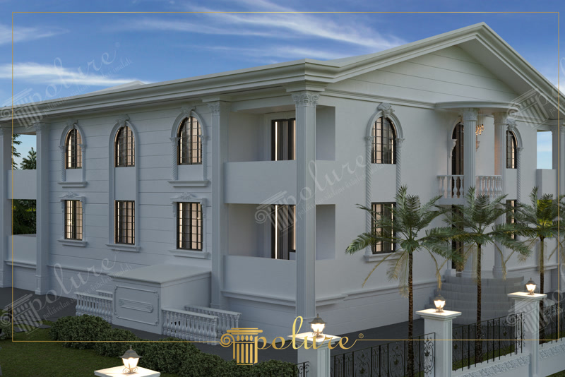 Yan cephedeki kemerli pencere söveleri, alt kat balustrad korkulukları ve sütunlu verandası olan lüks villa dış cephe kaplaması.