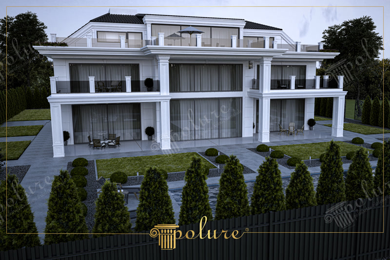 Tam ön cepheden görünen, havuzlu, çam ağaçlı ve geniş cam söveli modern lüks villa dış cephe kaplaması.