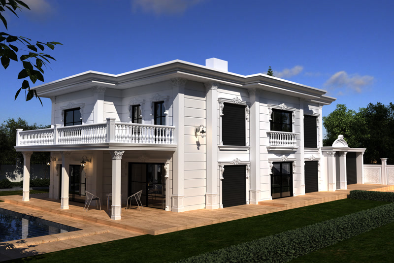 Gündüz açısında oymalı poliüretan pencere taçları, balustrad teras ve kare sütun kaplamaları bulunan neoklasik beyaz villa.