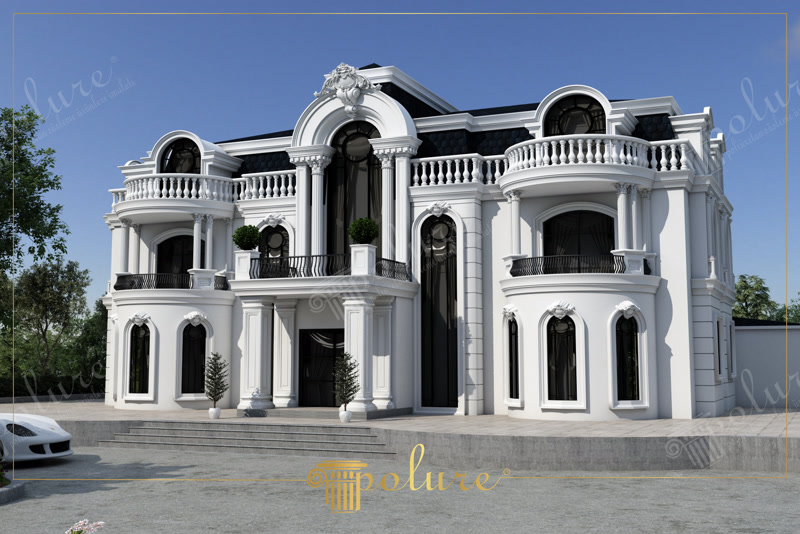Görkemli neoklasik villa dış cephesinde poliüretan söve, sütun ve kemer kaplamaları
