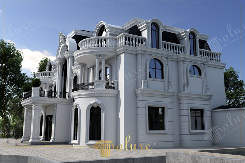 Neoklasik villa yan cephesinde kavisli balkon balustradları ve poliüretan söve profilleri