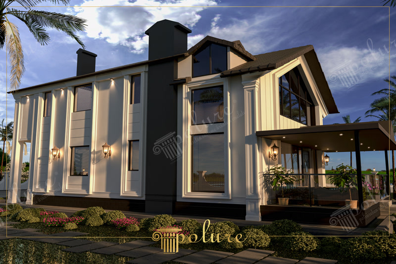 Alacakaranlıkta ışıklandırılmış modern villanın yan cephesinde dikey poliüretan söveler ve pilaster sütunlar