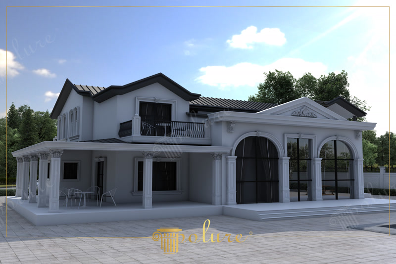 Villanın bahçe cephesinde kemerli yüksek cam pencere söveleri, oymalı pediment ve sütunlu veranda tasarımı.