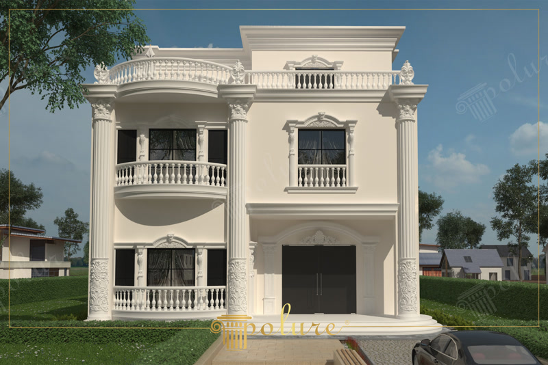 Yivli korint sütunlar, kavisli balustrad balkonlar ve taçlı söveler ile dekore edilmiş 2 katlı krem renkli klasik villa ön cephesi.