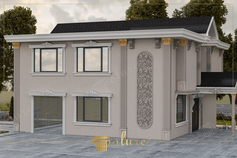Altın varaklı korint sütun başlıkları, oval kabartma duvar paneli ve taçlı söve profilleriyle tasarlanmış lüks villa dış cephesi.
