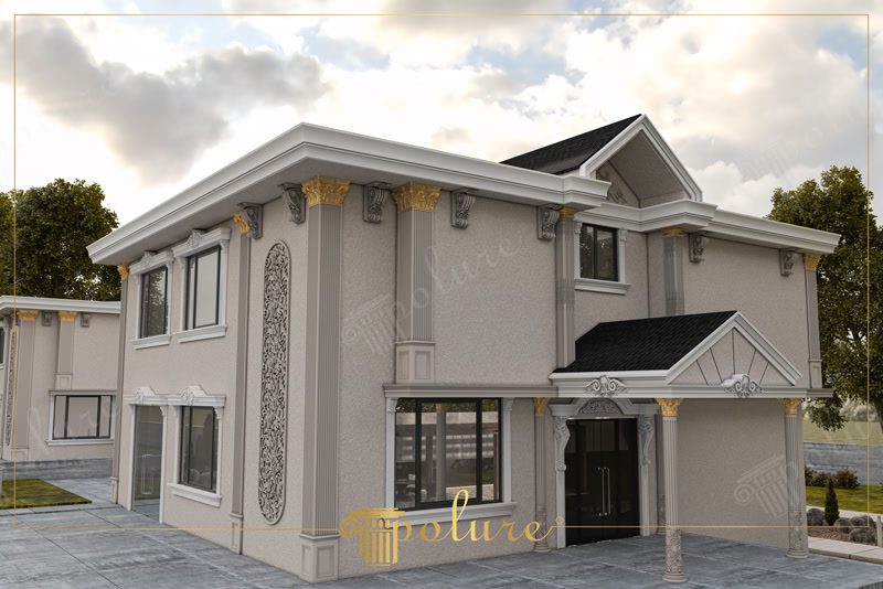 Altın detaylı korint sütun başlıkları, pencere söveleri ve oyma rölyef pano ile dekore edilmiş iki katlı villa dış cephesi.