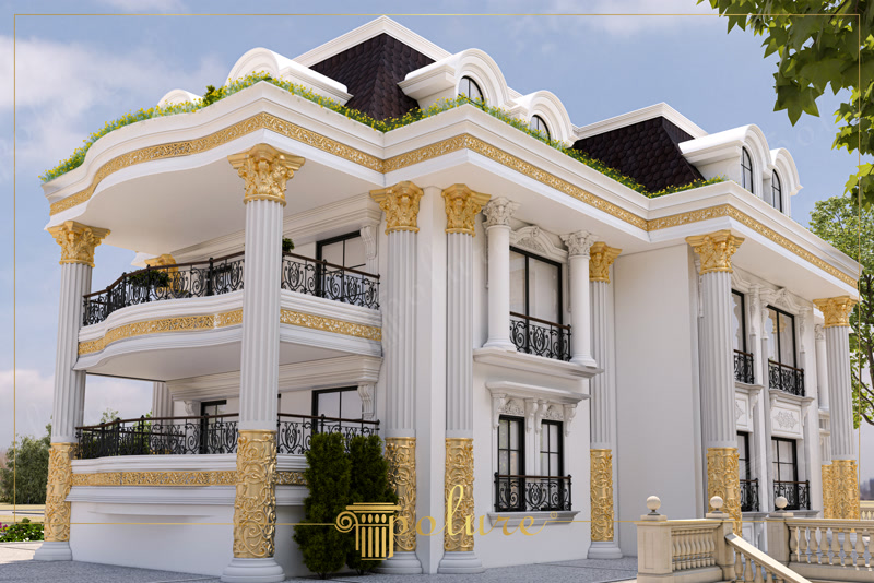Altın varaklı korint sütunlar, kavisli balkonlar ve çatı pencereleri ile dekore edilmiş beyaz saray tipi villa dış cephesi.