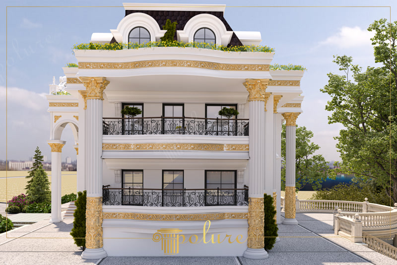 Simetrik ön cephe düzeninde altın varaklı sütunlar, kemerli geçişler ve ferforje balkonlu saray tipi villa kaplaması.