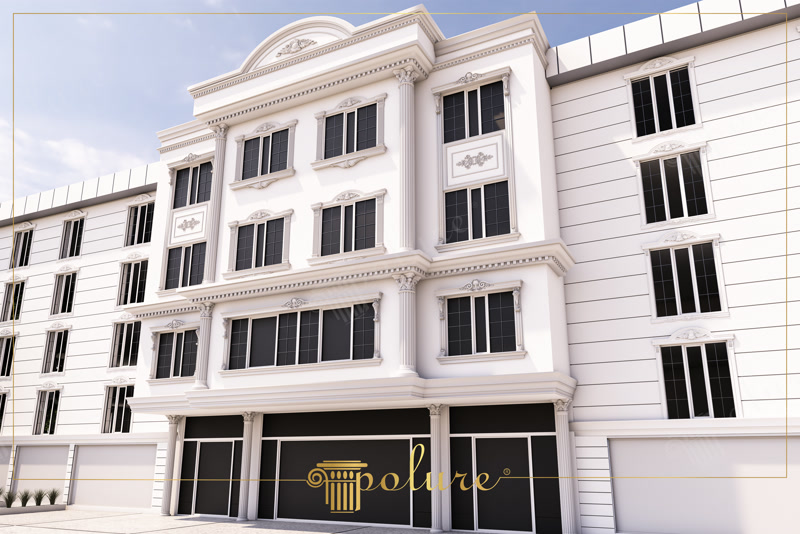 Açıktan yukarı doğru çekilmiş apartman dış cephesinde poliüretan söve çerçeveleri, yivli köşe sütunları ve dekoratif çatı kornişi.