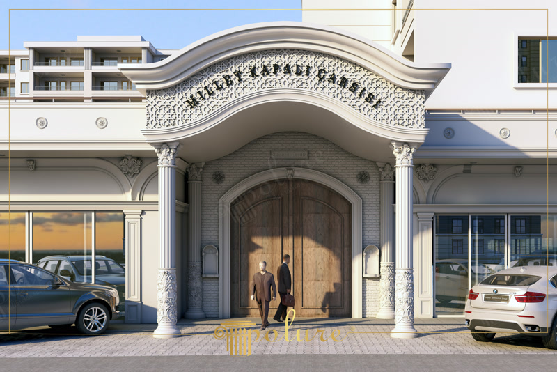 Çarşı portal girişinde geometrik desenli poliüretan kemer takı, korint sütunlar ve dükkan vitrin söveleri.