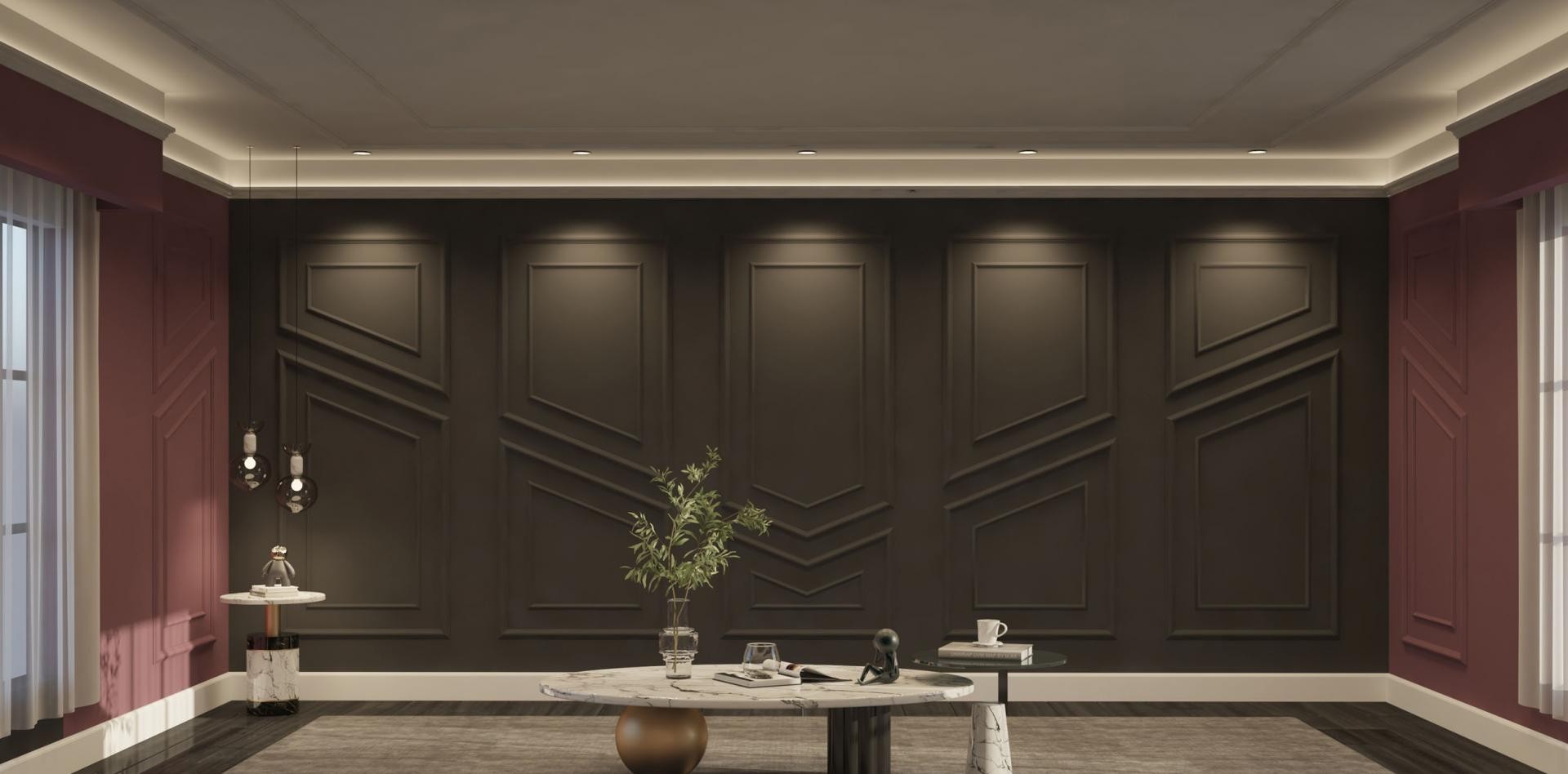 Antrasit gri duvarda dikey ve diyagonal hatlı geometrik poliüretan duvar çıtaları ve bordo yan duvarlı modern salon