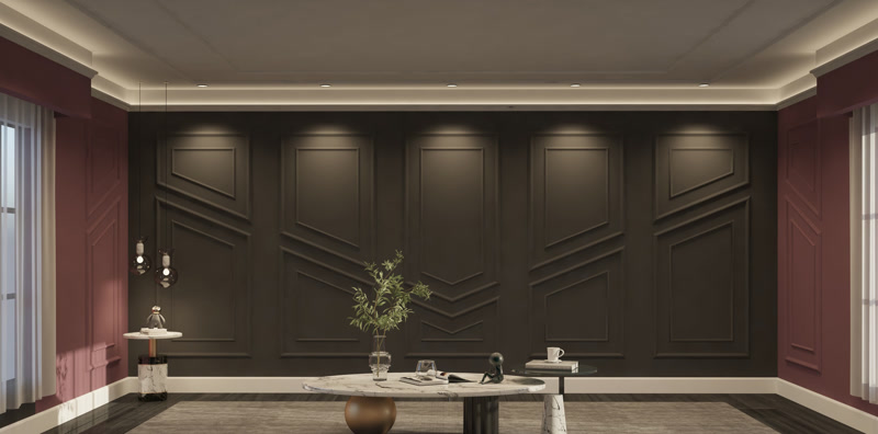Antrasit gri duvarda dikey ve diyagonal hatlı geometrik poliüretan duvar çıtaları ve bordo yan duvarlı modern salon