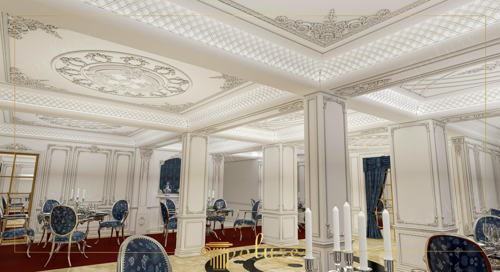 Lüks restoran salonunda yer alan poliüretan kolon kaplamaları, oymalı tavan göbeği, duvar çıtaları ve gizli LED aydınlatmalı kaset tavan profilleri.