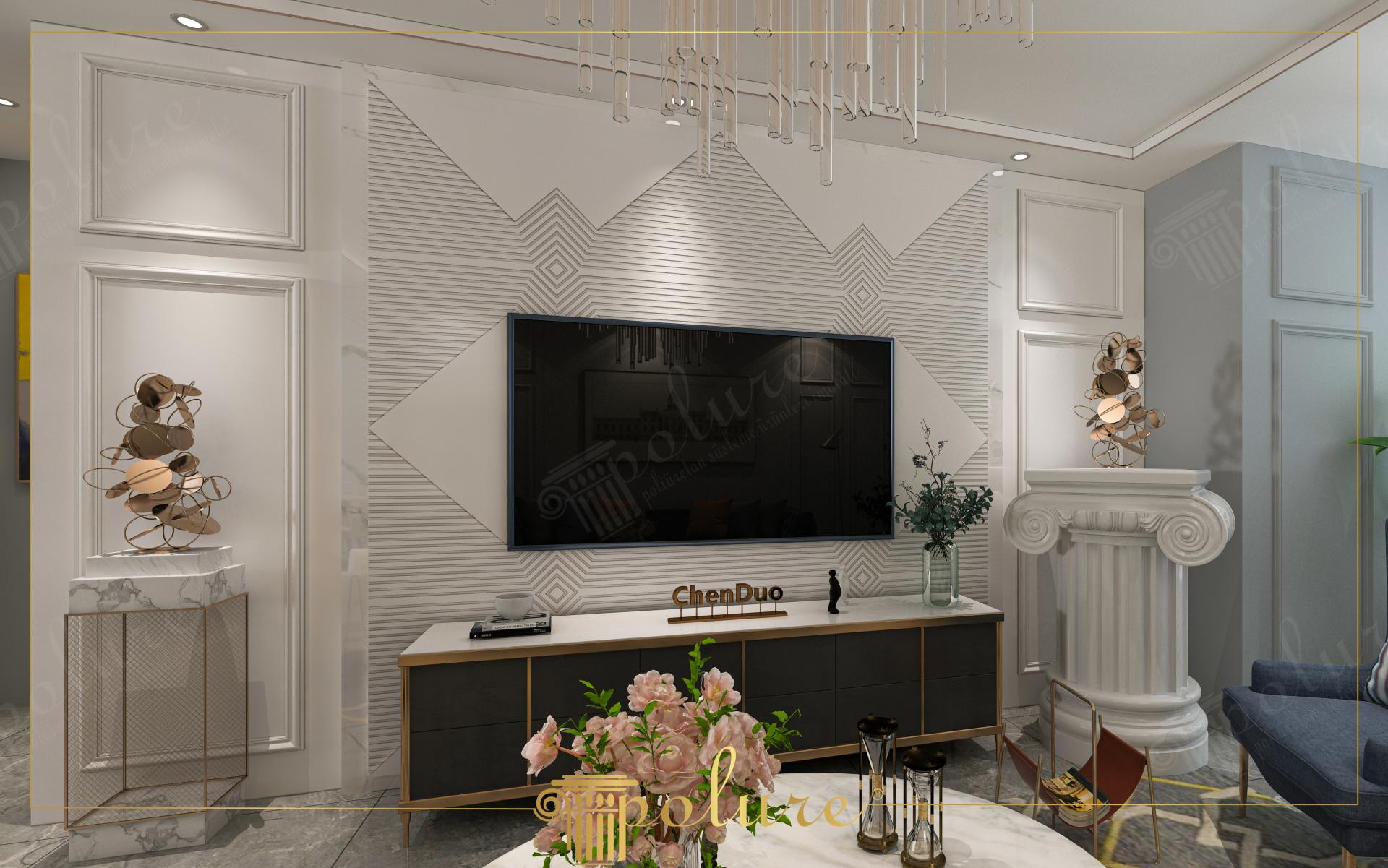 Geometrik TV arkası paneli, poliüretan duvar çıtaları ve İyon sütun ayaklı dekoratif salon oda odak noktası.