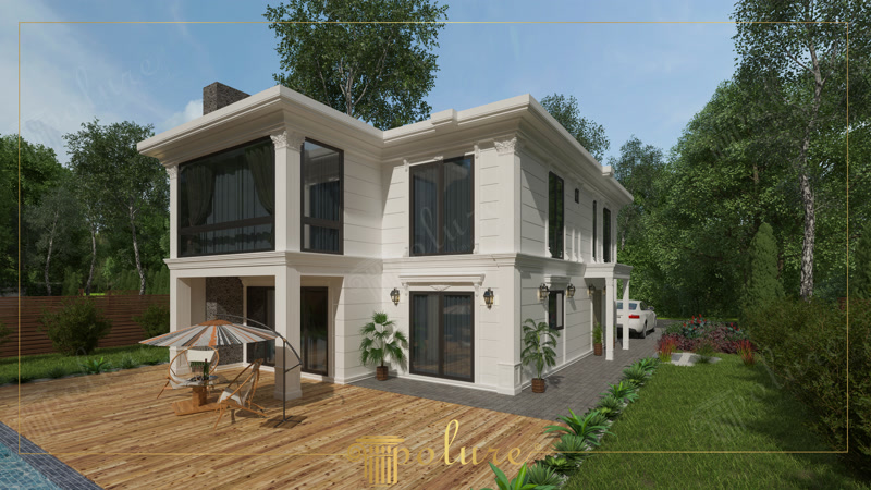Pencere üstü taç motifleri, poliüretan kat silmesi ve köşe söve sütun kaplamalı lüks villa dış cephesi.