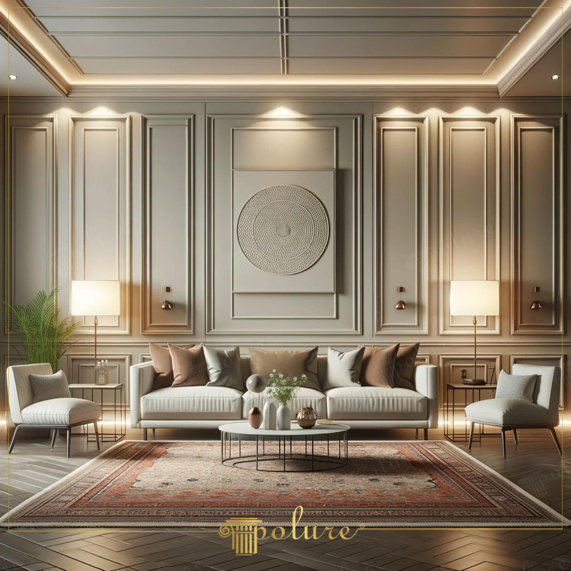 Grej duvar çıtaları, yuvarlak kabartma tablo, krem sofa ve geleneksel desenli halı bulunan modern neoklasik salon.