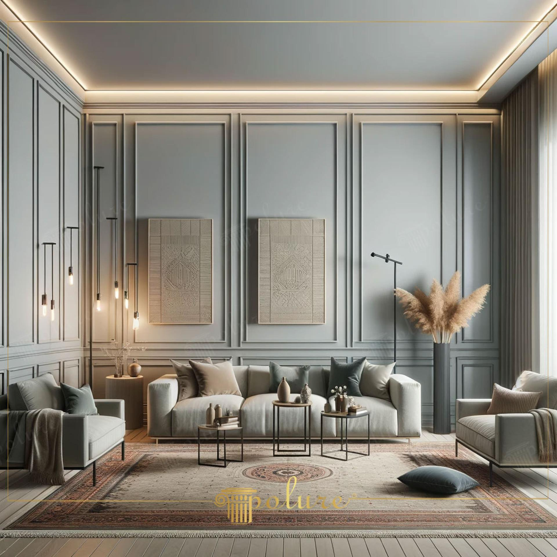 Mavi-gri duvar çıtaları, sarkıt ampul aydınlatmalar, pampas otlu vazo ve gri sofa takımı bulunan modern salon.