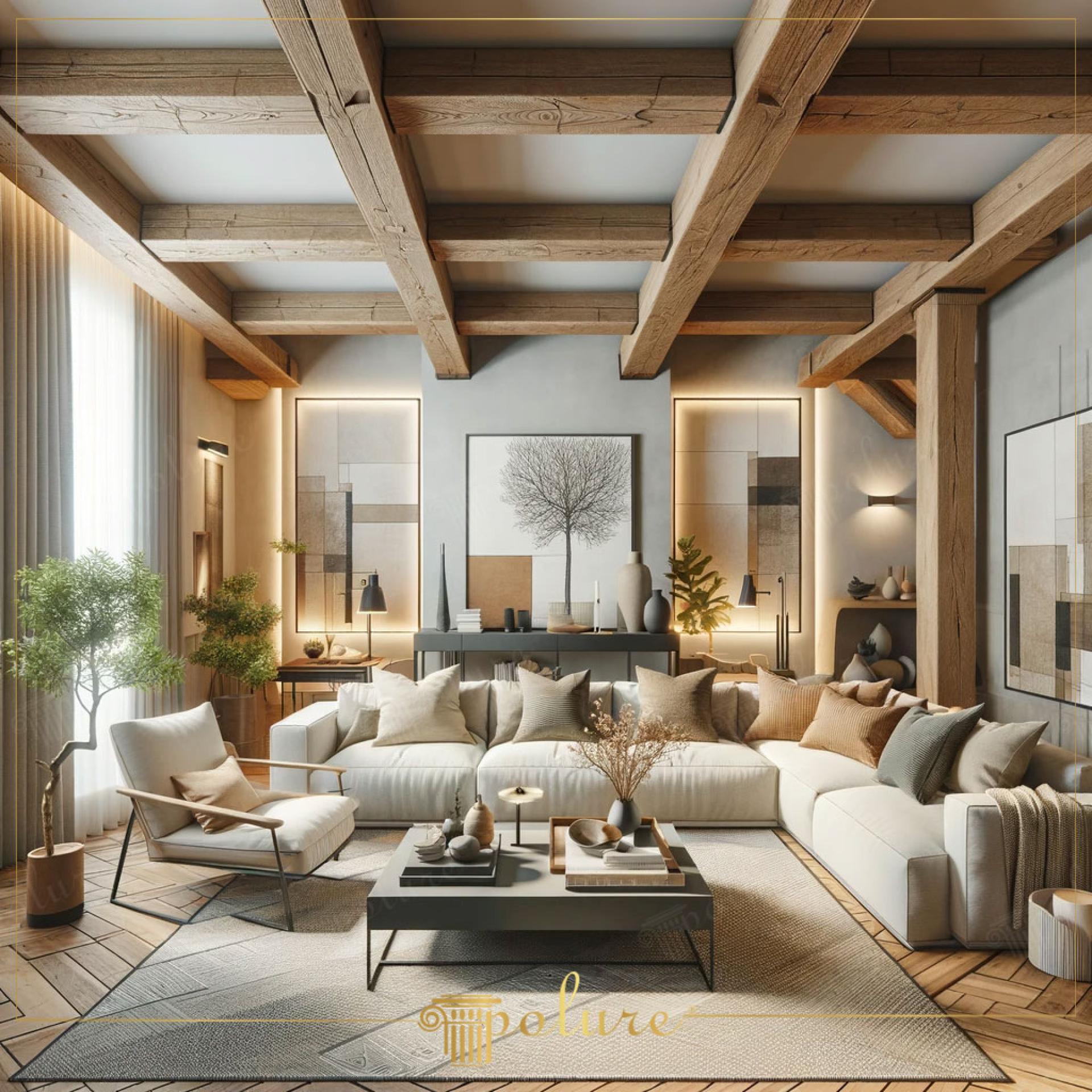 Ahşap tavan kirişleri, gizli aydınlatmalı duvar panelleri ve krem L koltuk takımı bulunan modern lüks salon dekorasyonu.