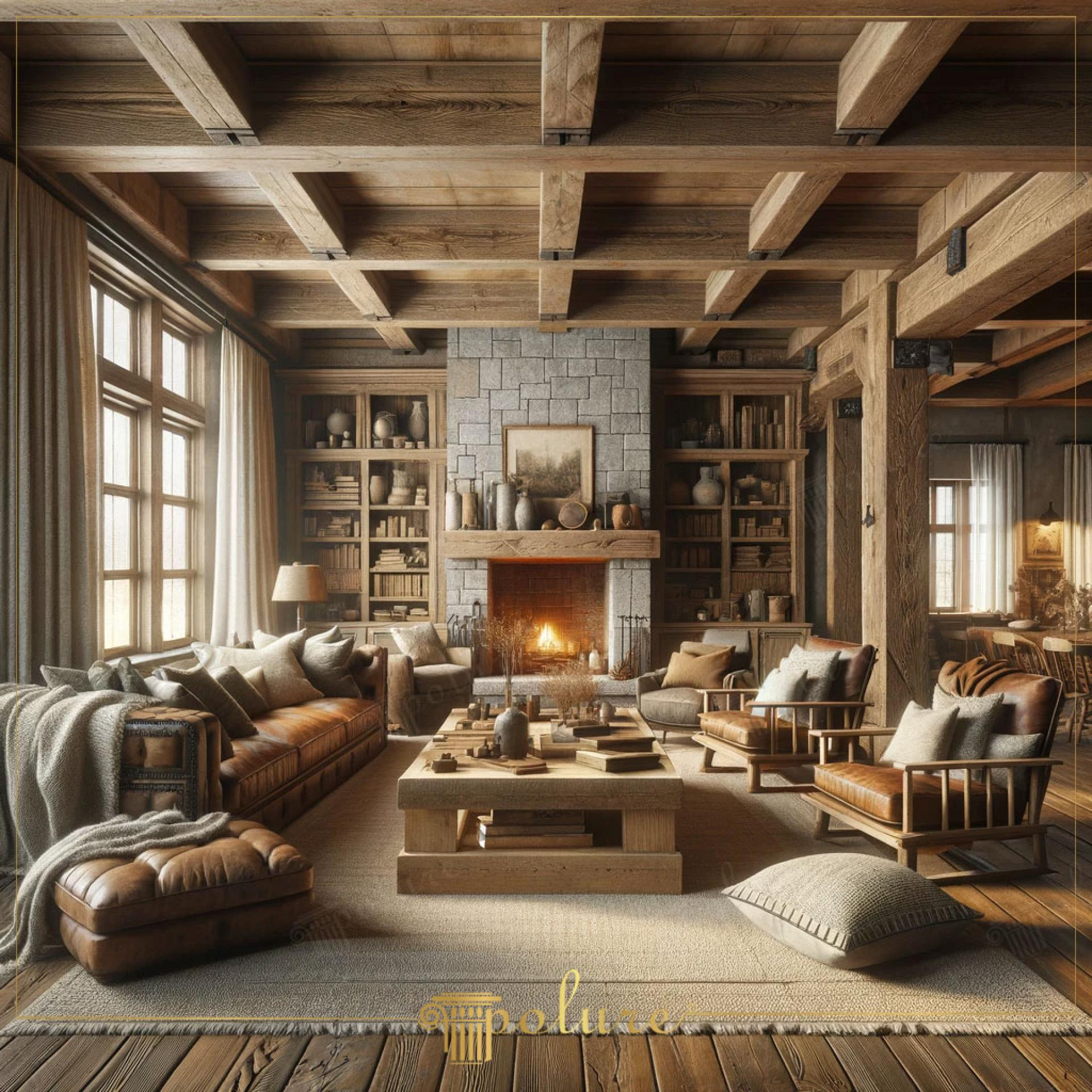 Tavanında ahşap görünümlü poliüretan kaset kirişler, taş şömine ve gömme kütüphane bulunan rustik salon tasarımı.