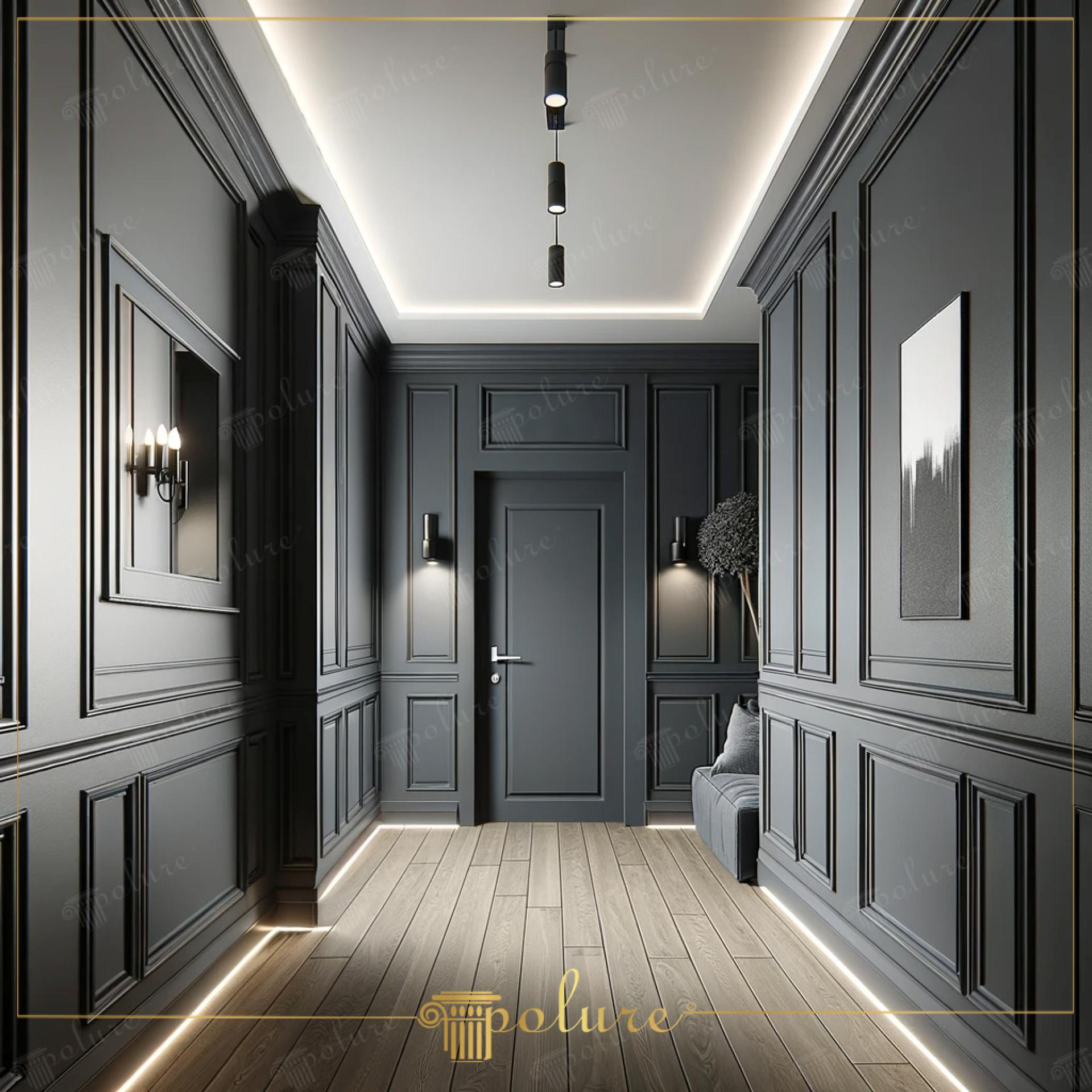 Antrasit duvar çıtalı wainscoting paneller, gizli LED süpürgelik aydınlatmalı ve meşe parkeli modern koridor.