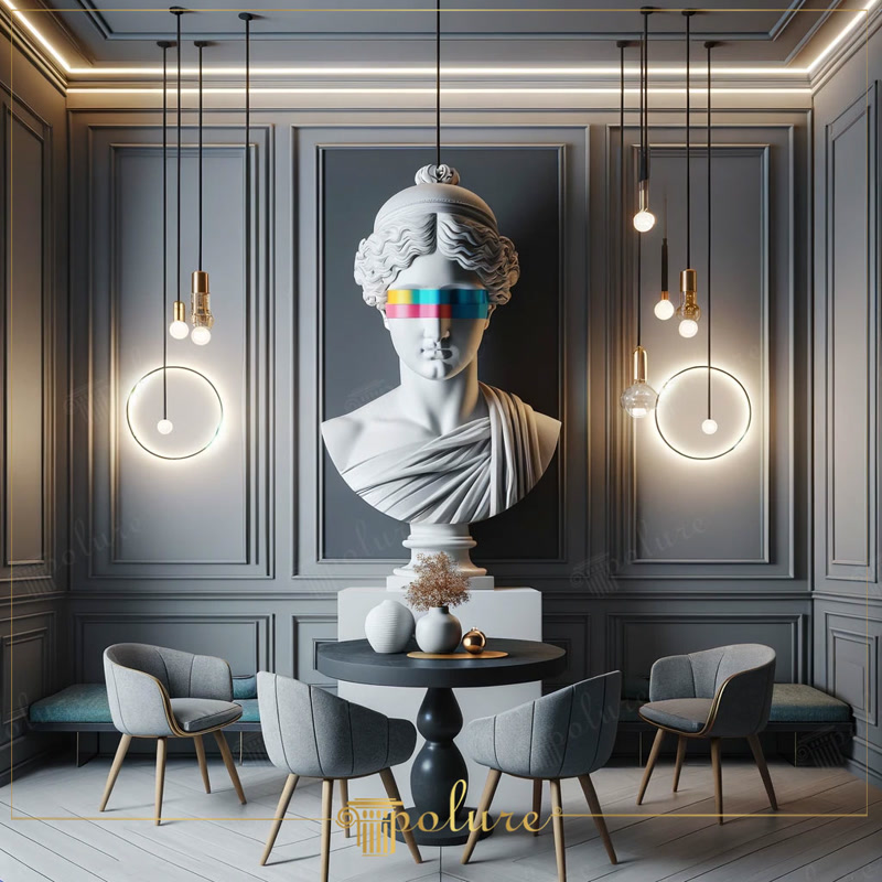 Klasik kadın büstü, gri duvar çıtaları ve modern sarkıt lambalı avant-garde iç mekan tasarımı.