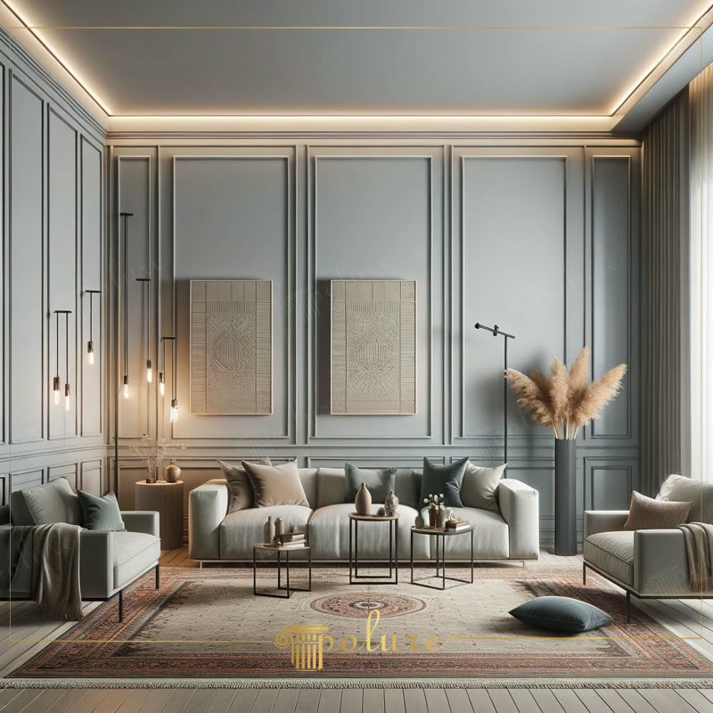 Mavi-gri duvar çıtaları, sarkıt ampul aydınlatmalar, pampas otlu vazo ve gri sofa takımı bulunan modern salon.