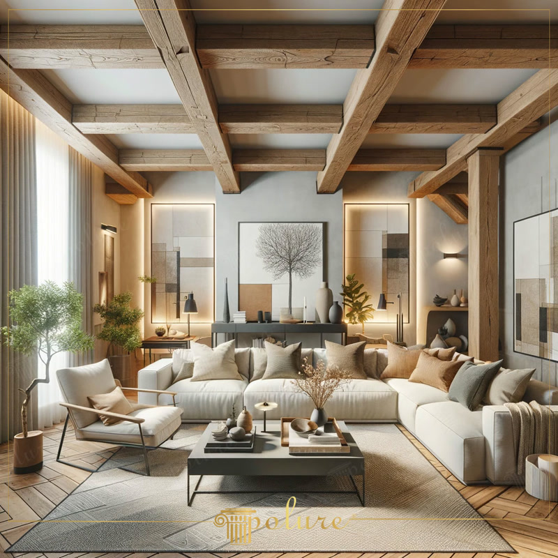 Ahşap tavan kirişleri, gizli aydınlatmalı duvar panelleri ve krem L koltuk takımı bulunan modern lüks salon dekorasyonu.