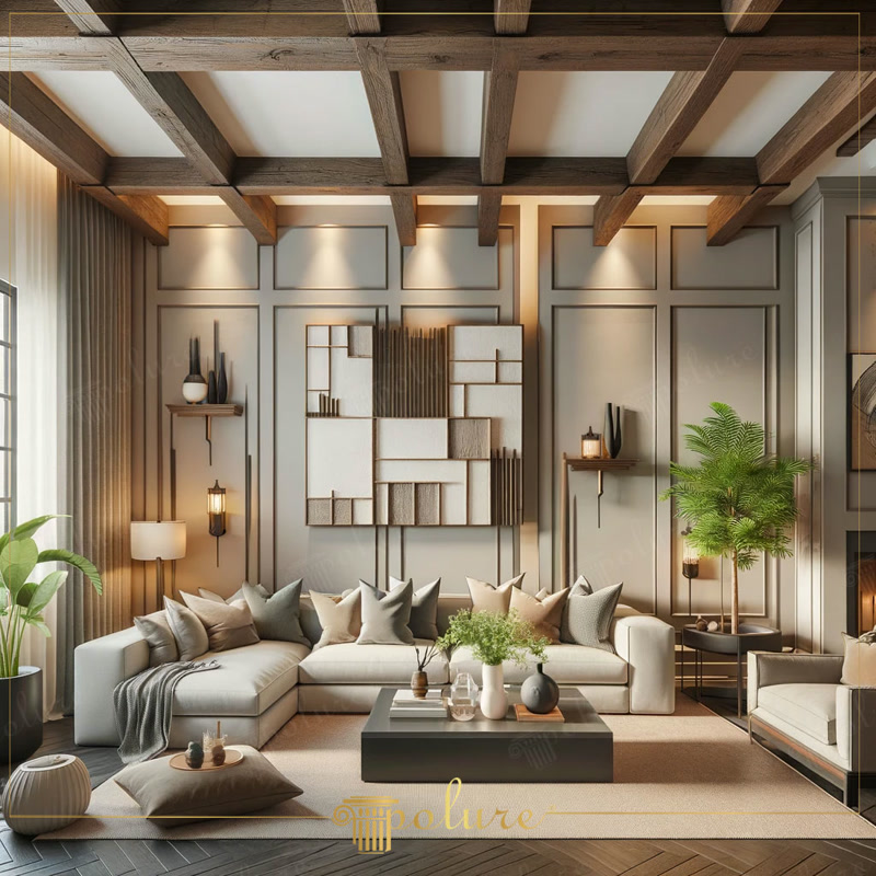 Koyu ahşap kaset tavan, gri duvar çıtaları ve açık renk köşe koltuk takımı bulunan modern şık salon tasarımı.