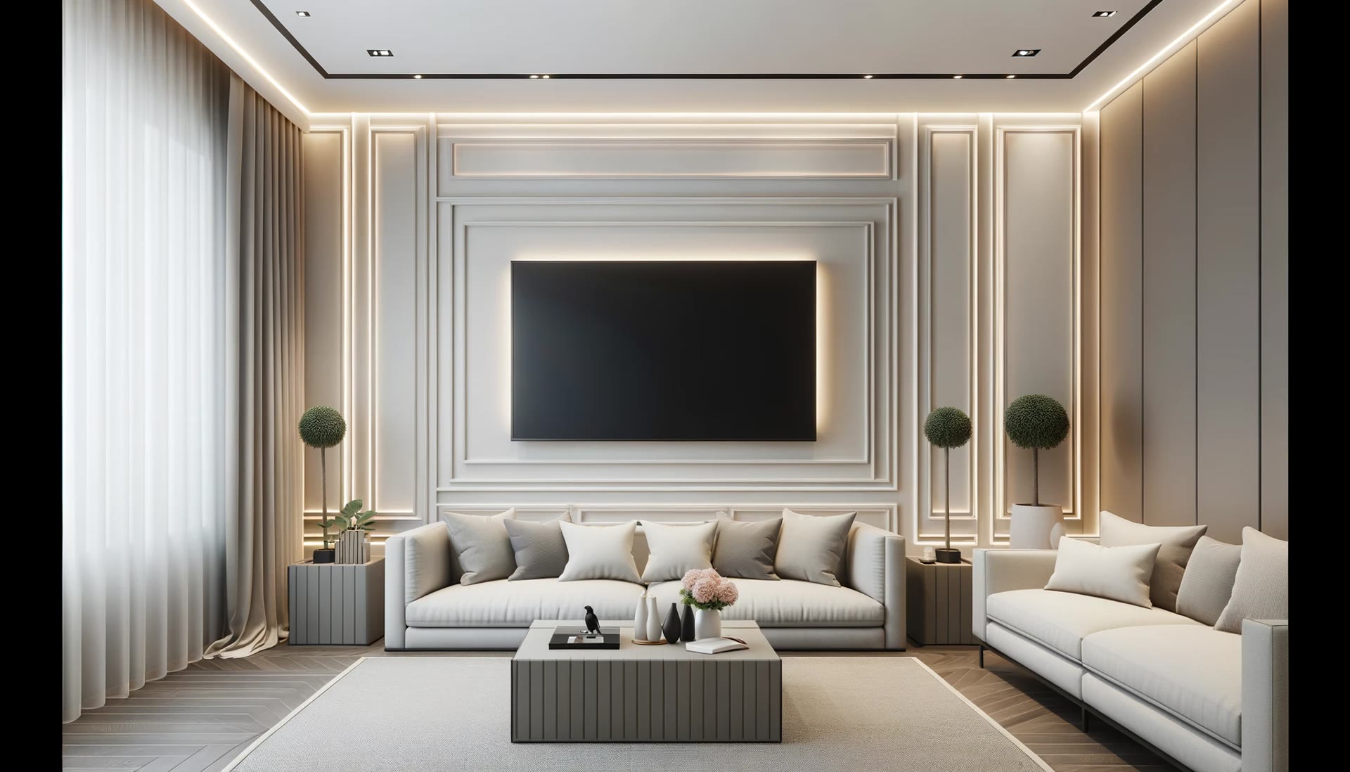 Gizli LED aydınlatmalı poliüretan TV ünitesi söve çerçeveleri, krem koltuk takımı ve modern orta sehpa ile dekore edilmiş salon.