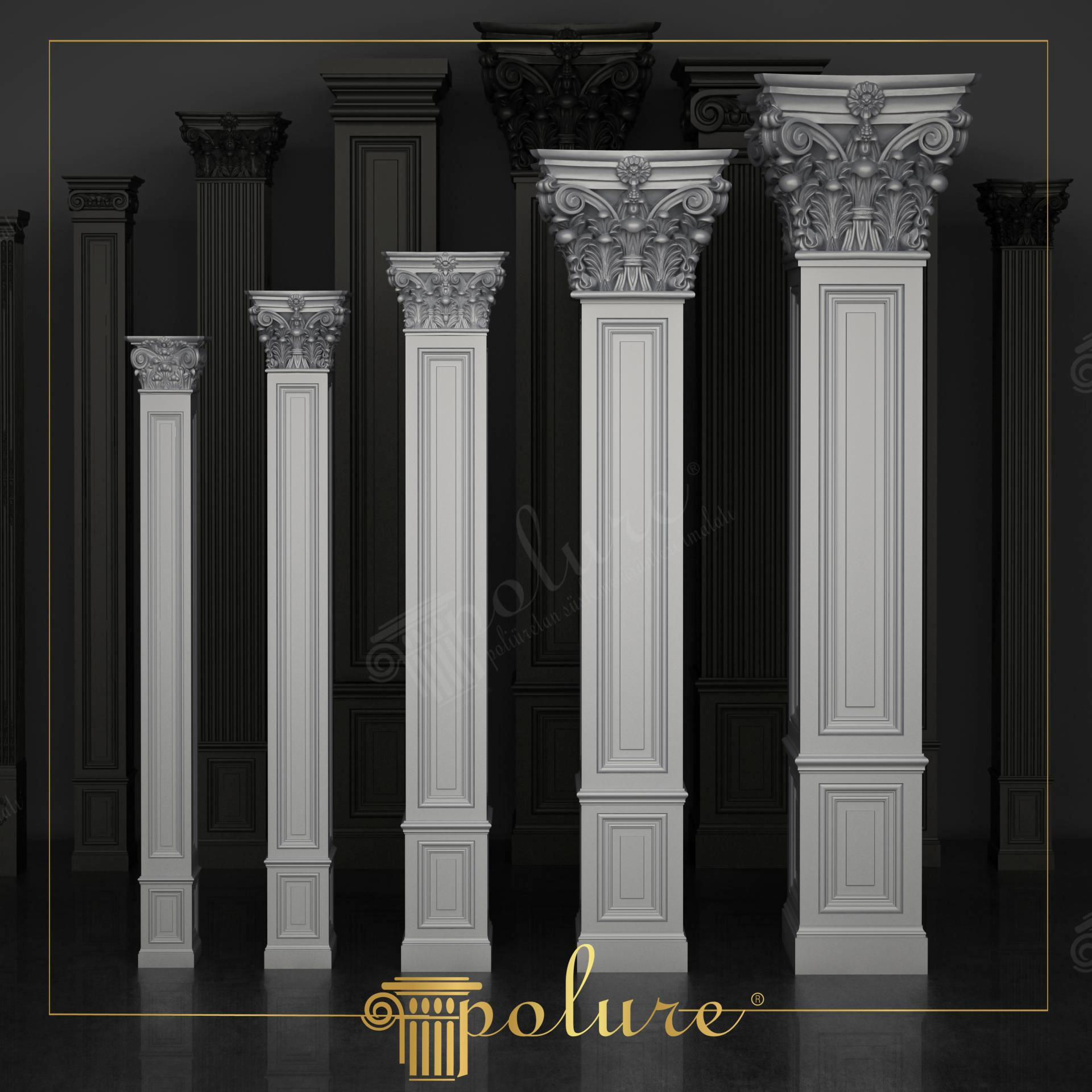 Koyu fonda yan yana dizilmiş, akantus yapraklı korint başlığa ve girintili panellere sahip beş farklı boyutta beyaz renkli kare pilaster sütun modeli.