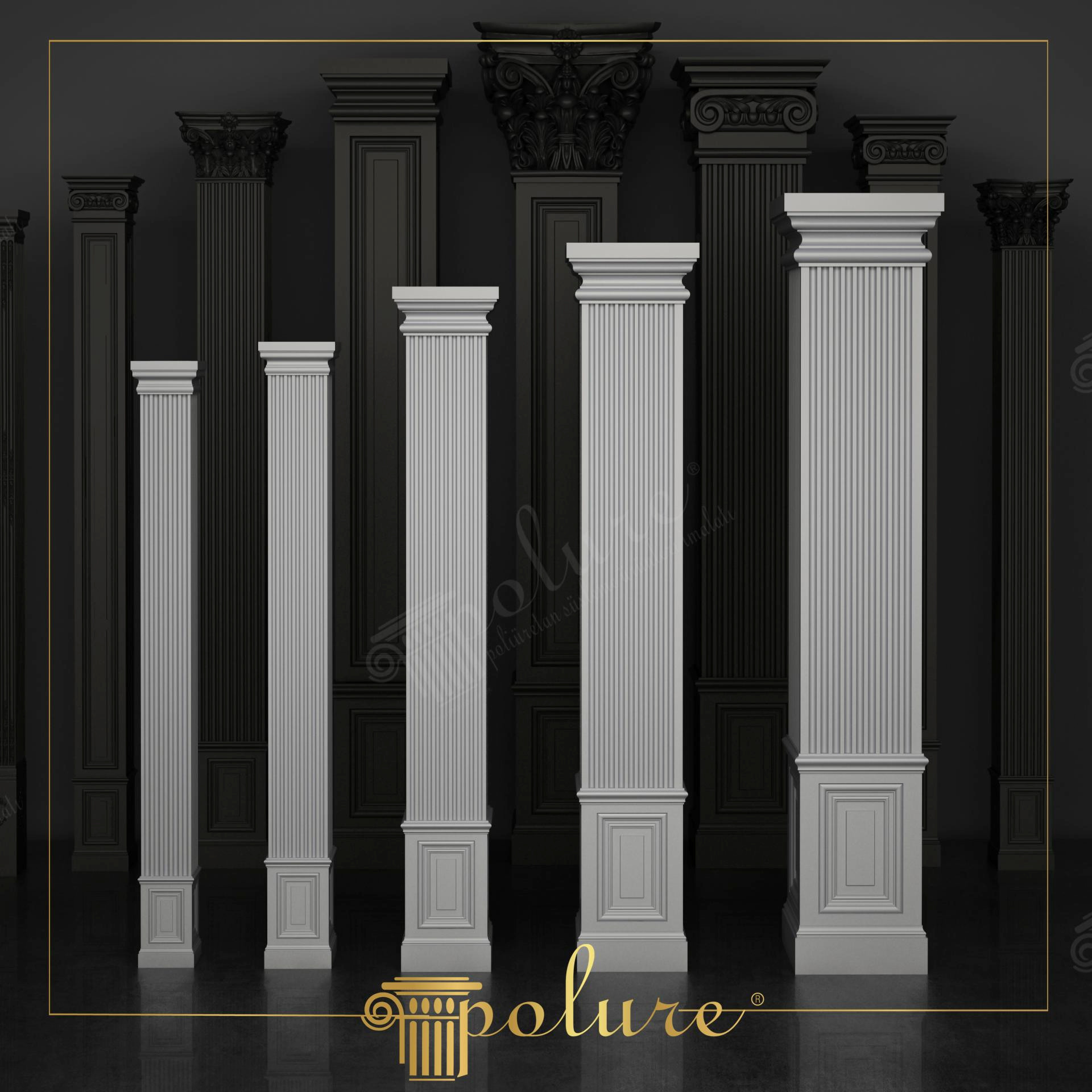 Koyu fon önünde sıralanmış, yivli gövdeli ve kare kaideli beş farklı boyutta beyaz poliüretan pilaster sütun örneği.