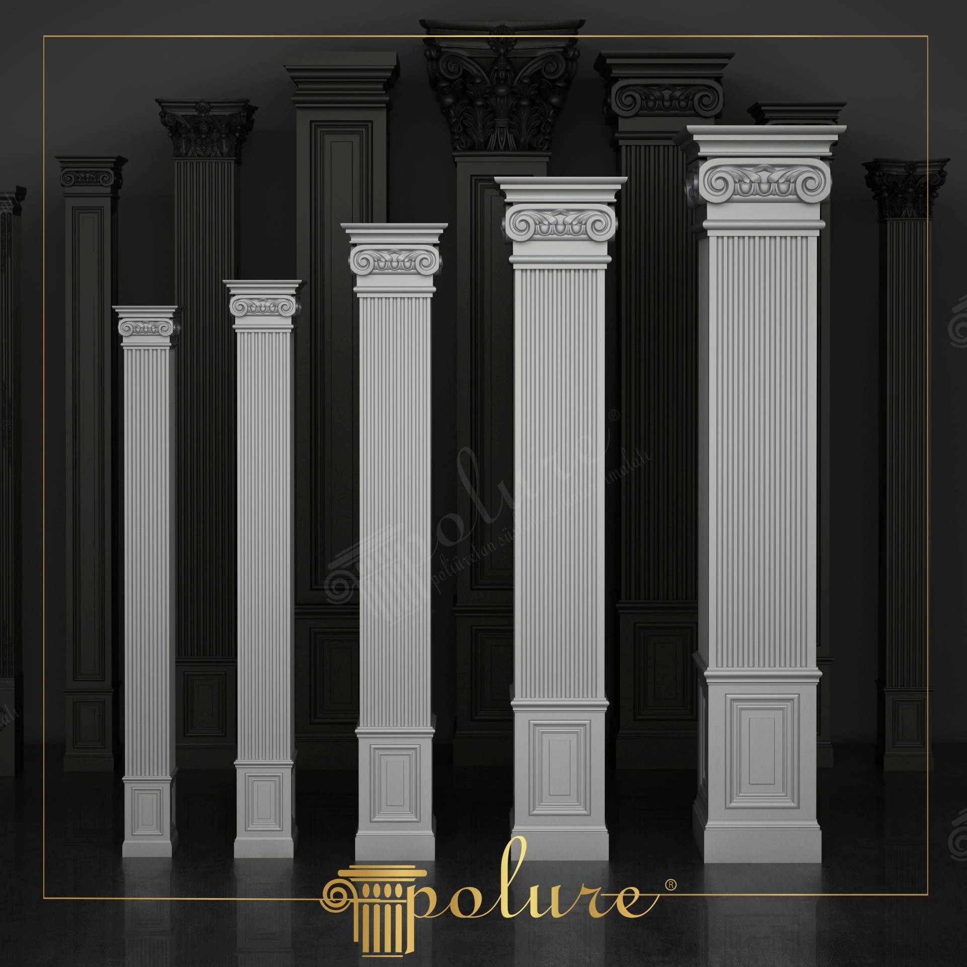 Koyu stüdyo fonu önünde sergilenen, İyon volüt başlıklı ve dikey yiv kanallı gövdeye sahip beş farklı ebatta beyaz kare pilaster.