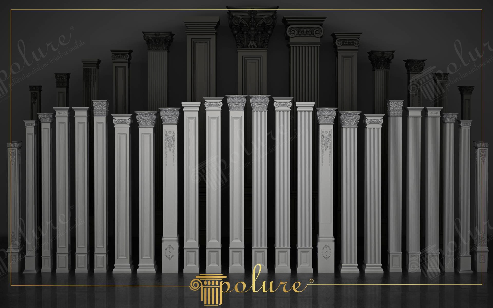 Koyu zemin üzerinde sıra halinde yan yana sergilenen, farklı başlık ve yiv detaylarına sahip geniş poliüretan kare pilaster sütun koleksiyonu.