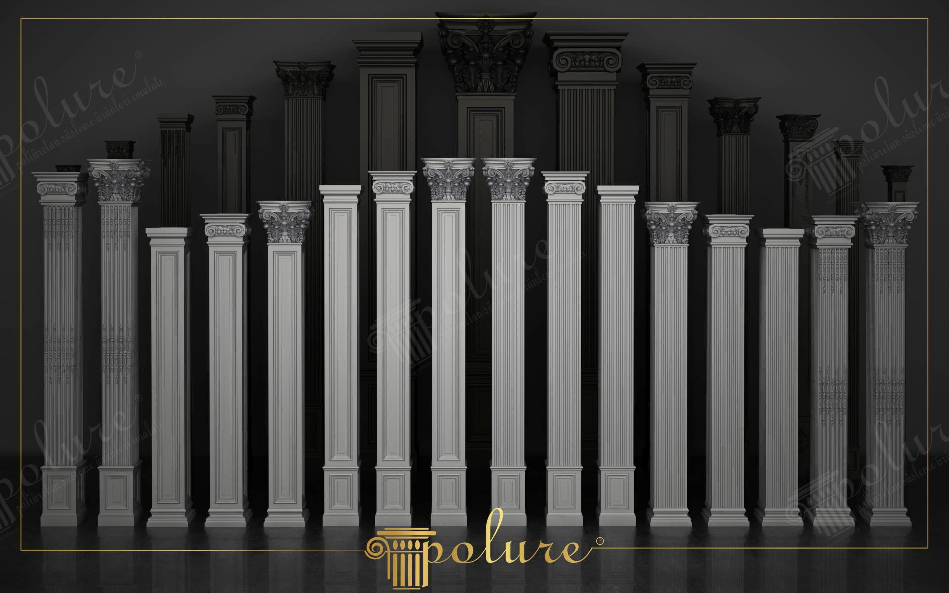 Koyu zemin üzerinde simetrik ve düzenli şekilde sıralanmış, farklı boy ve detaylara sahip beyaz poliüretan kare pilaster sütun serisi.