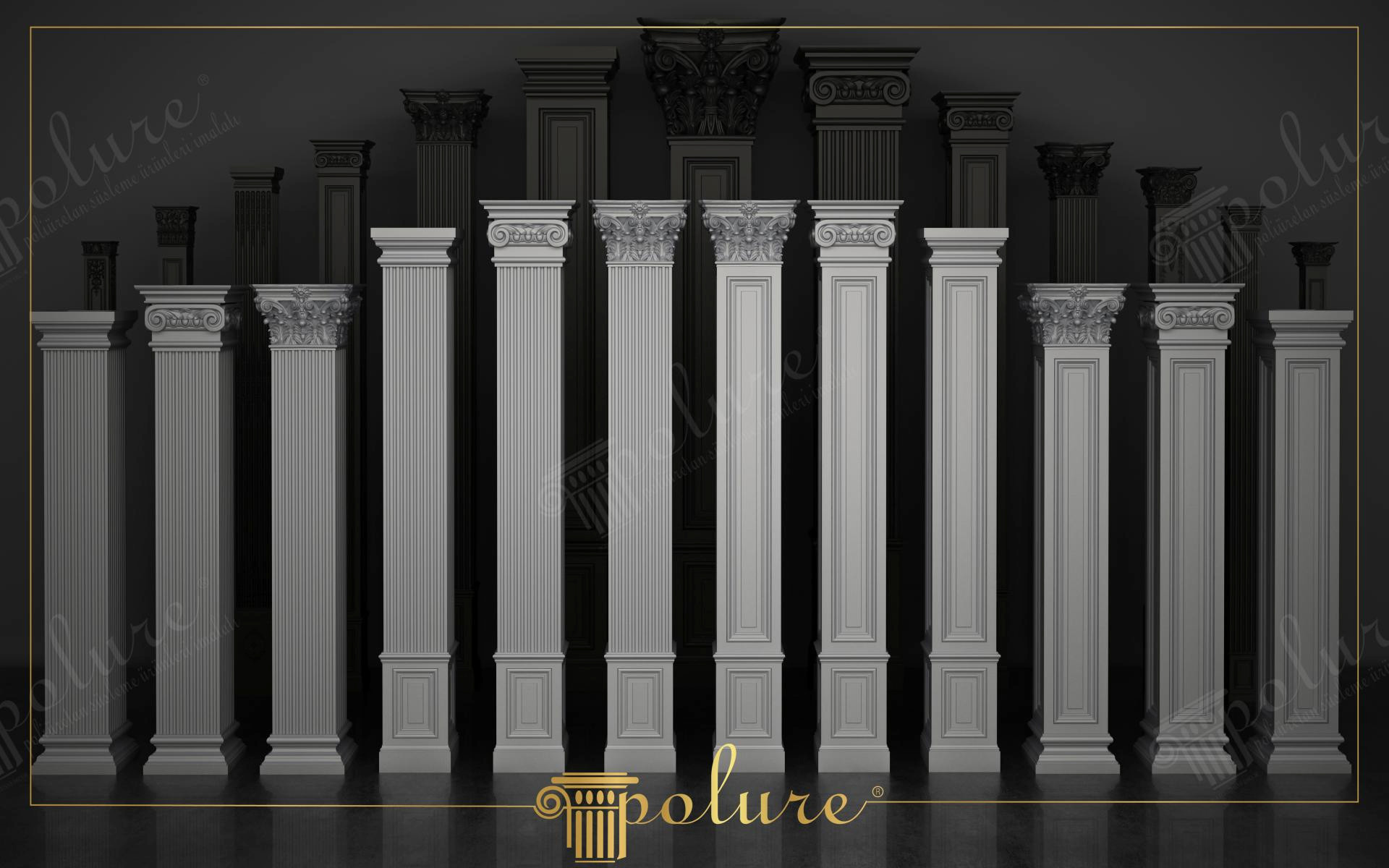 Koyu fon önünde merkezden kenarlara doğru simetrik yükseklikte dizilmiş, farklı başlık ve yiv detaylarına sahip beyaz poliüretan kare pilaster sütunlar.