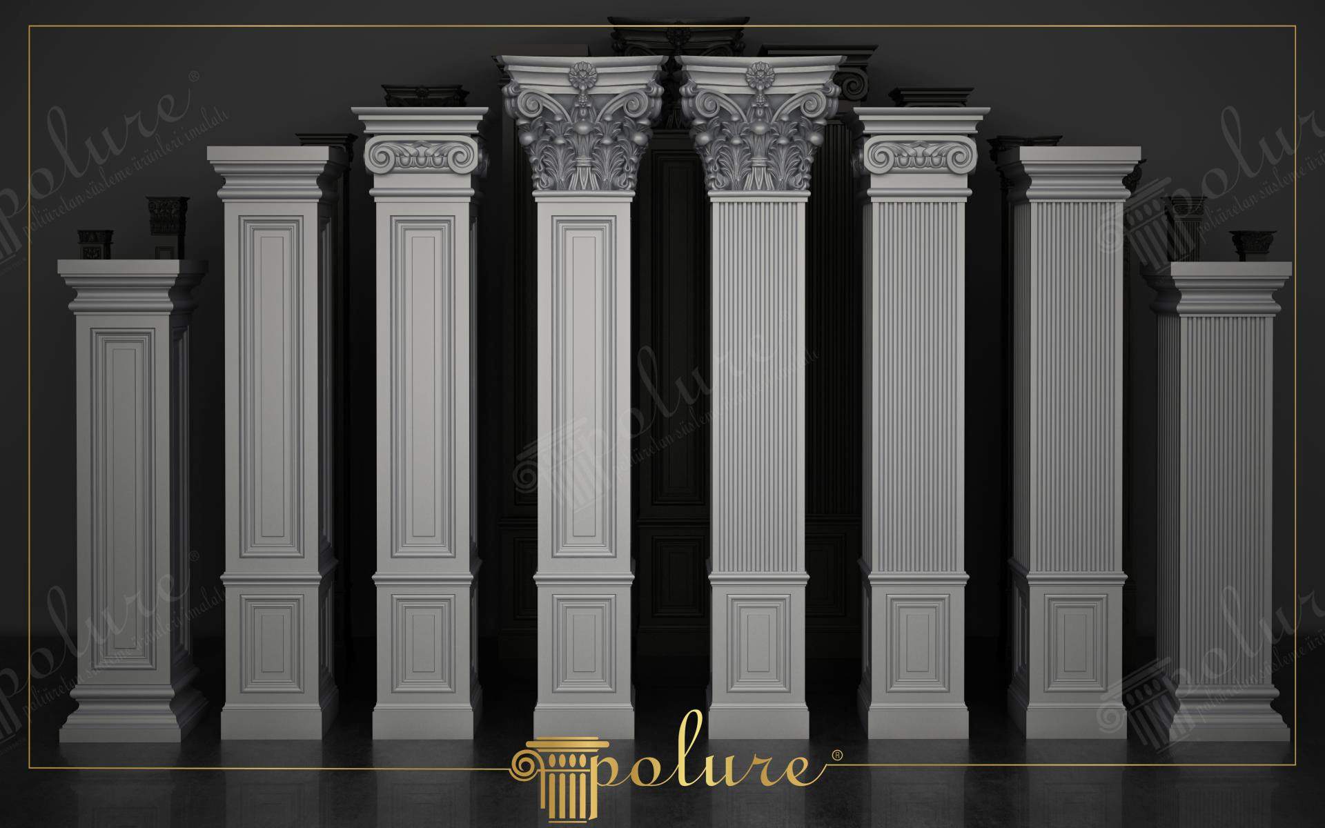 Koyu zemin üzerinde simetrik olarak sıralanmış Korint, İyon ve sade başlıklı yivli ile panelli beyaz poliüretan kare pilaster sütunlar.