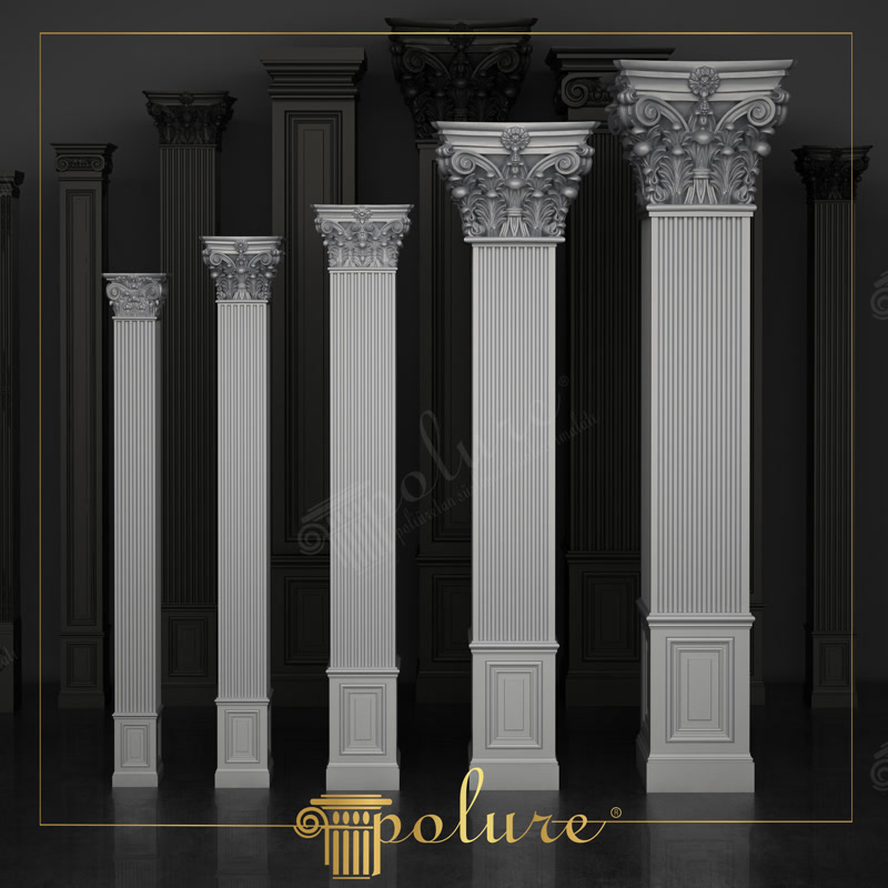 Farklı boyutlarda beyaz renkli poliüretan yivli pilaster sütunlar ve oymalı korint sütun başlıkları ürün kataloğu gösterimi.