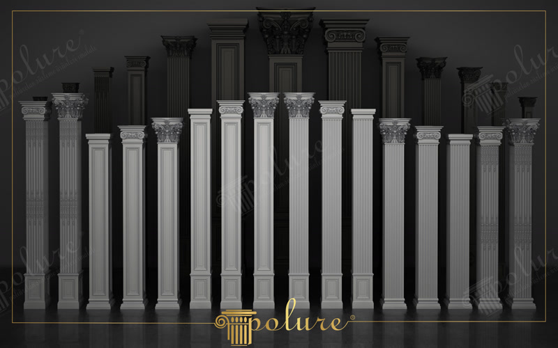 Koyu zemin üzerinde simetrik ve düzenli şekilde sıralanmış, farklı boy ve detaylara sahip beyaz poliüretan kare pilaster sütun serisi.