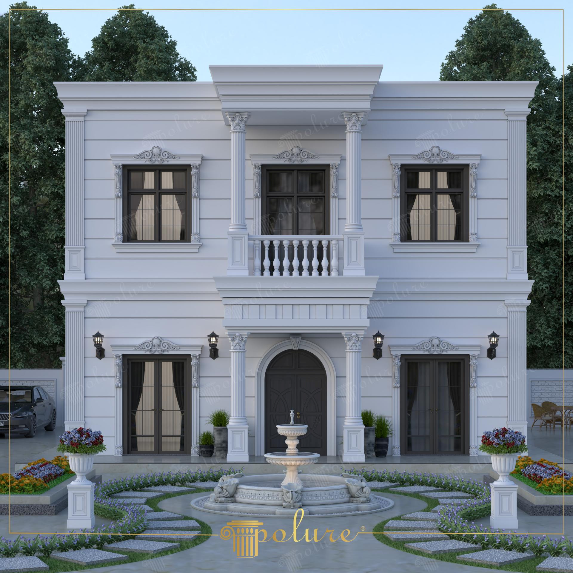 İki katlı klasik villa dış cephesinde poliüretan söve, sütun, kemer kaplama ve balkon detayları.