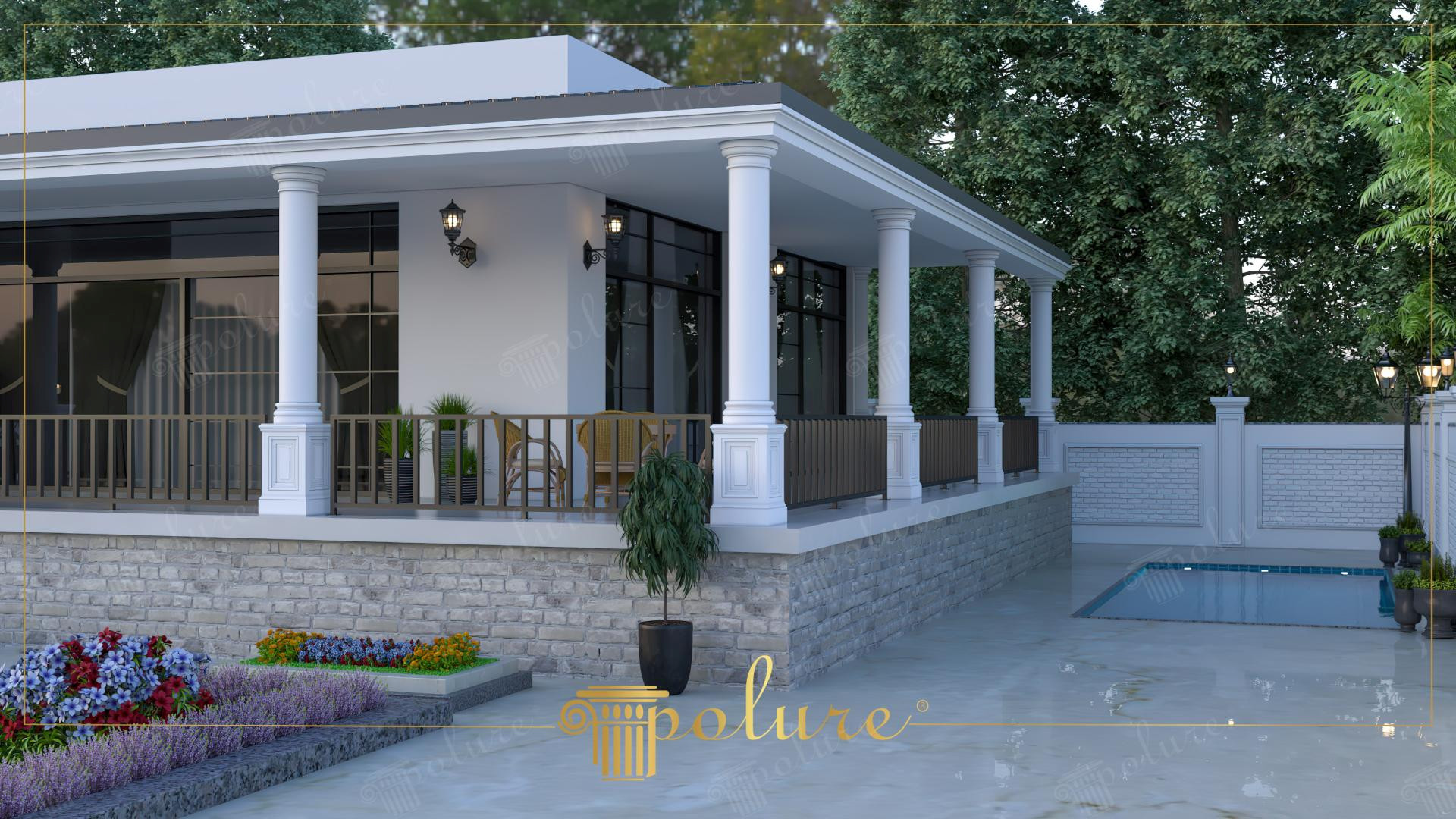 Havuzlu villa verandasının köşesinden poliüretan sütunlar, saçak korniş sövesi ve taş kaplama zemin.