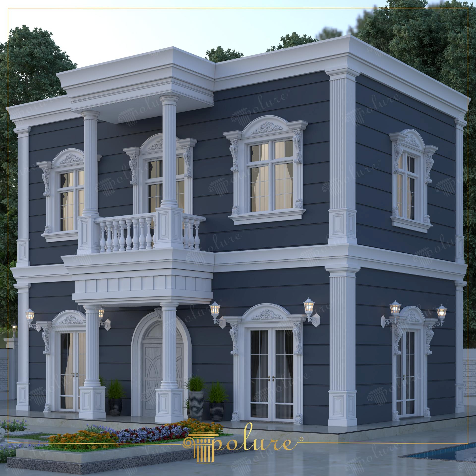Antrasit villa köşe cephesinde beyaz poliüretan pilaster, pencere söveleri, taçlar ve çıkma balkon.