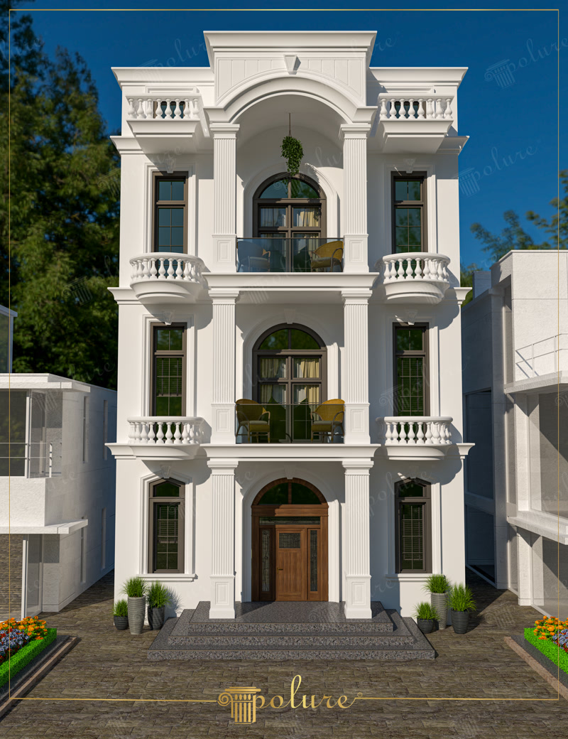 Üç katlı neoklasik tarzda tasarlanmış beyaz villanın yivli sütunları, kemerli giriş kapısı ve kavisli balkon balustratları.