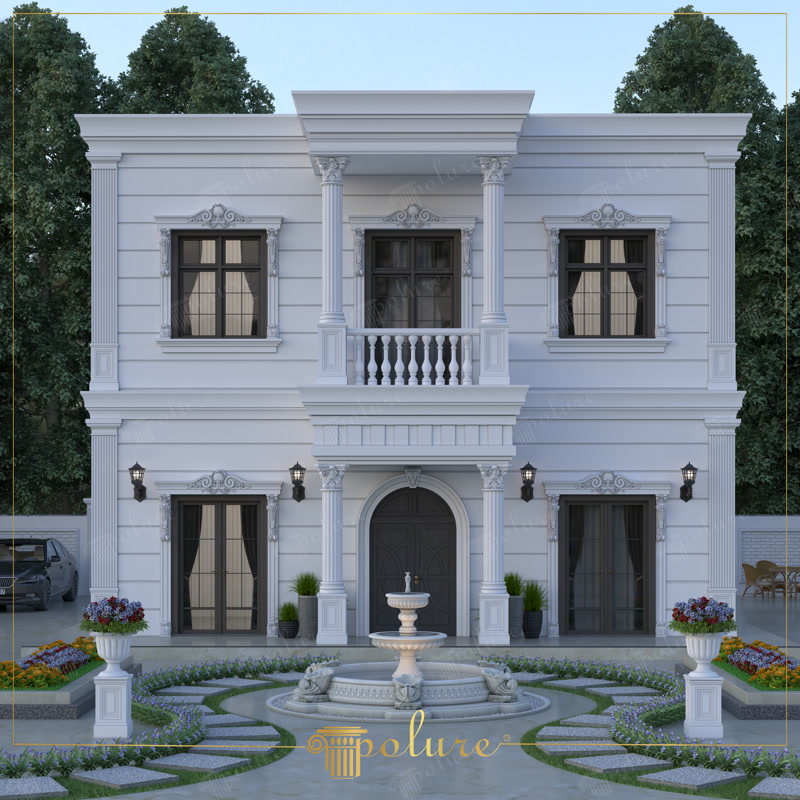 İki katlı klasik villa dış cephesinde poliüretan söve, sütun, kemer kaplama ve balkon detayları.