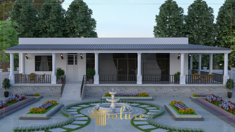 Tek katlı verandalı villa dış cephesinde sıra poliüretan sütunlar, söve detayları ve fıskiyeli bahçe peyzajı.