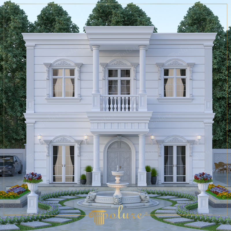 İki katlı beyaz villa dış cephesinde kemerli poliüretan pencere taç söveleri, sütunlar ve süs havuzu.