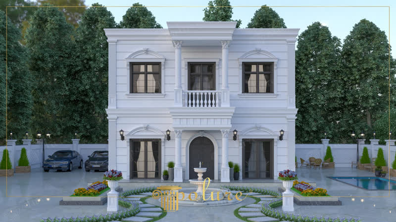 İki katlı lüks beyaz villanın dış cephesinde yer alan kemerli pencere söveleri, süs sütunları ve balkon balustratları.