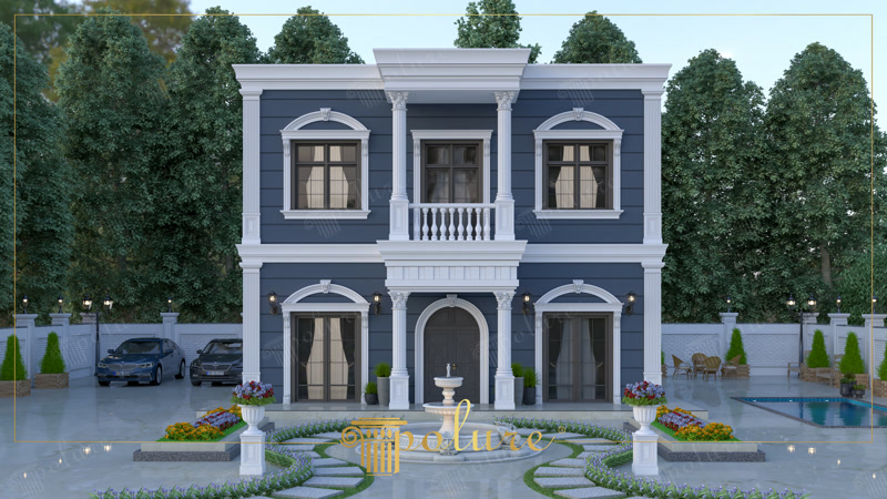 Antrasit villa ön cephesinde beyaz poliüretan kemer söveler, sütunlar, fıskiyeli havuz ve peyzaj.