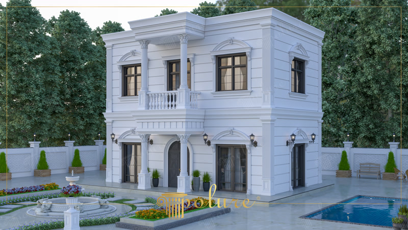 Havuzlu iki katlı beyaz villa köşe cephesinde kemerli poliüretan söveler, sütun kaplamaları ve fıskiye.