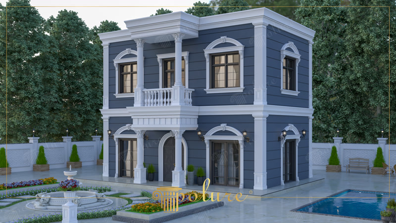 Antrasit havuzlu villa köşe cephesinde beyaz poliüretan kemer söveler, pilaster kaplaması ve yüzme havuzu.